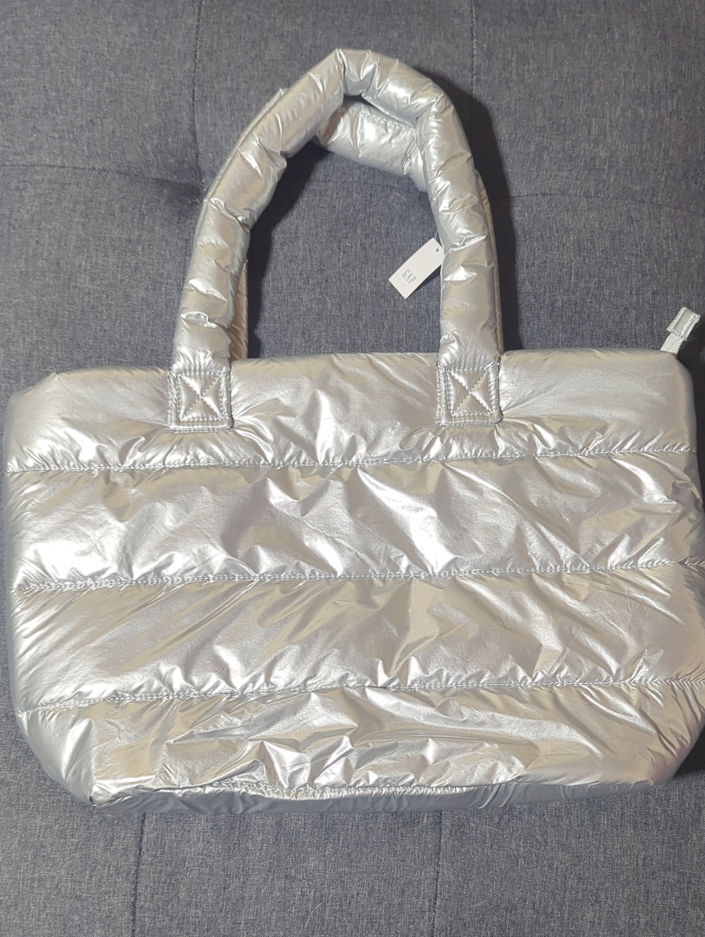 GAP Metallic Silver Quilted Puffer Tote